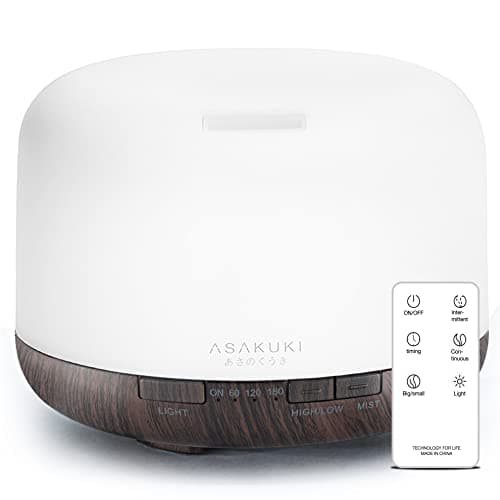Diffuseur d'huiles essentielles ASAKUKI 500 ml, humidificateur vaporisateur d'huile parfumée d'aromathérapie ultrasonique de qualité supérieure 5 en 1 avec télécommande, 3 minuteries et...