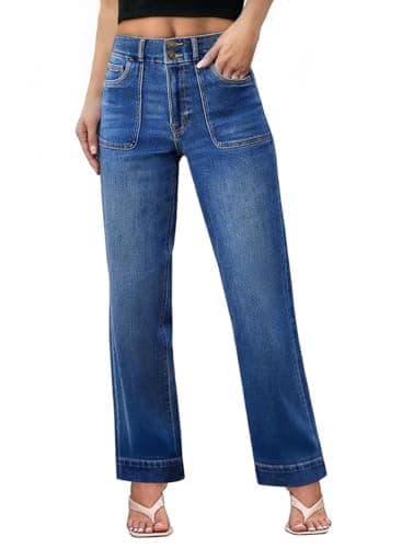 SIDEFEEL Women's High Waisted Straight Leg Jeans Stretchy Tummy Control Wide Leg Denim Pants with Pockets Dark Blue Size 16