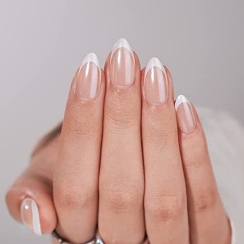 French Tip Press On Nails - BTArtbox White Press On Nails Amande, Colle moyenne sur ongles avec colle à ongles, Stick On Nails réutilisable en 15 tailles - 30...