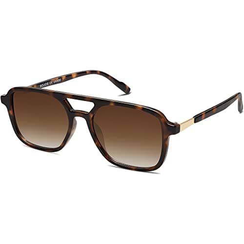 SOJOS Lunettes de soleil aviateur rétro pour femmes et hommes, lunettes de soleil rectangulaires tendance pour hommes et femmes SJ2202, monture en forme de tortue, verres de classement marron
