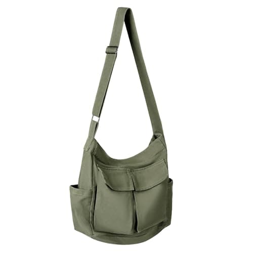 Sac messager à bandoulière pour hommes et femmes, sac à bandoulière en toile avec fermeture éclair, porte-bouteille d'eau, travail universitaire (vert)