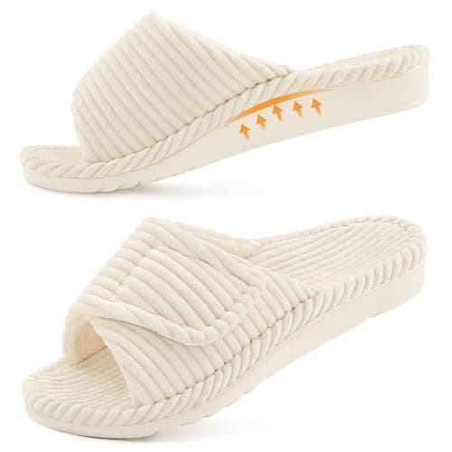 Litfun Pantoufles orthopédiques pour femmes avec soutien de la voûte plantaire réglable, pantoufles d'intérieur à bout ouvert en velours côtelé, chaussures de chambre à coucher, Beige 39