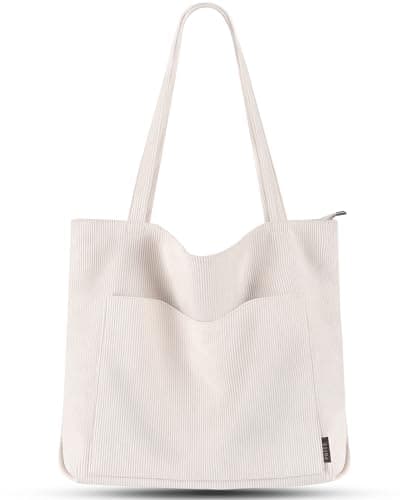 Prite Corduroy Tote Bag for Women Large Shoulder Bag with Zipper and Pockets for College Work Travel Shopping(Beige)