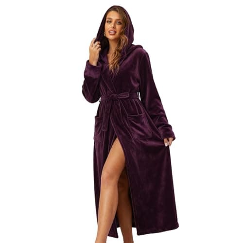 RONGTAI Femmes Robes Longues en Peluche Polaire Chemise de Nuit Violet foncé Peignoir à Capuchon épais avec Poches vêtements de Nuit Moelleux pour Hommes Grand