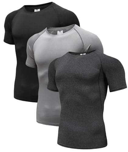 Men's (Pack of 3) Cool Dry Compression Short Sleeve Sports Baselayer T-Shirts Tops Black/Grey/Carbon Black 05-M