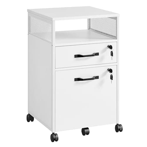 VASAGLE File Cabinet, Mobile Filing Cabinet with Wheels, 2 Lockable Drawers, Open Shelf, for A4, Letter Size, Hanging File Folders, Cloud White...