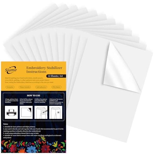 Siumir 12PCS Stabilisateur de broderie, A4 (8,27"x11,69") Papier à broder soluble dans l'eau collant, stabilisateur d'impression ou de dessin pour broderie à la main et à la machine