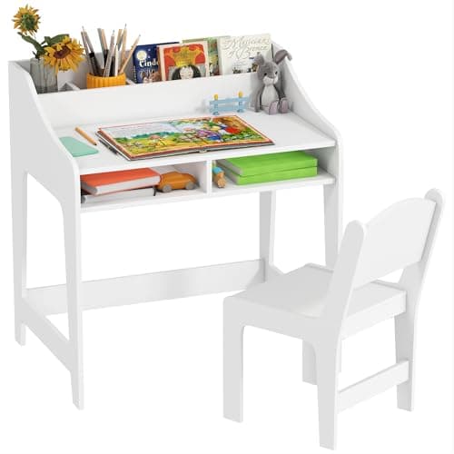Qaba Ensemble bureau et chaise pour enfants, table d'étude pour enfants, station de travail avec rangement, étagères pour enfants de 3 à 8 ans, bureau d'écriture pour chambre à coucher, blanc