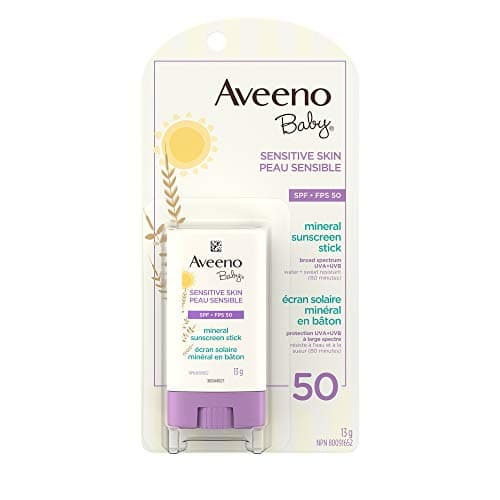 Aveeno Baby Sensitive Skin Mineral Sunscreen Stick SPF 50 avec ingrédient actif 100 % minéral, pour le visage et le corps, les enfants résistants à la transpiration et à l'eau...