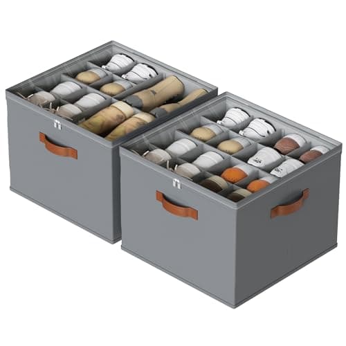 Oterri 2 Pack Sturdy Shoe Storage Bins - Foldable Stackable Shoe Boxes Organizer, Shoes Organizer Storage with Adjustable Dividers, Clear PVC...