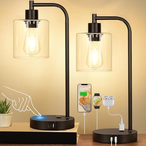 Ensemble de 2 lampes de table industrielles à commande tactile avec ports USB C+A et prise secteur - Lampes de chevet noires à intensité variable à 3 voies Lampes de bureau de table de nuit pour...