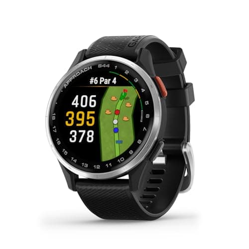 Garmin Approach S44, montre intelligente GPS de golf Essential, écran AMOLED, fonctionnalités sur le parcours, lunette en aluminium argenté avec bracelet en silicone noir