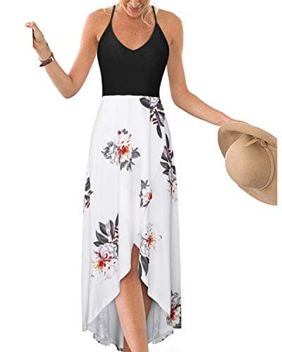 KILIG Robe d'été décontractée sans manches avec col en V pour femme - Robe longue asymétrique en patchwork floral (Floral-3, Large)