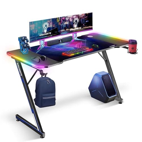 Bureau de jeu IMGadgets avec LED | Table de jeu 47"x 23" | Tapis de bureau de jeu, tapis de souris | Bureau en fibre de carbone pour les jeux | Bureau d'installation de jeu en forme de Z |...