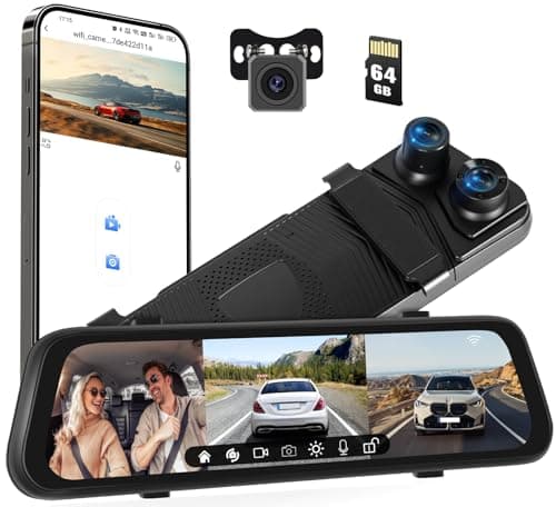 Caméra de rétroviseur CAMECHO 3 canaux 1080P avec WiFi, caméra de tableau de bord triple miroir à écran tactile 9,66" avant et arrière à l'intérieur avec carte de 64 Go,...
