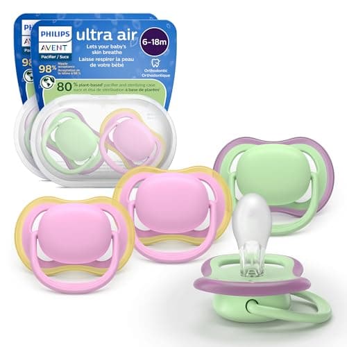 Sucettes Philips Avent Ultra Air - Conception orthodontique, pour bébés de 6 à 18 mois, Tétine symétrique en silicone souple, sans BPA, 2 étuis de stérilisation, 4...
