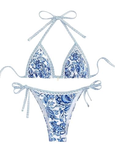BYFINECANY Maillot de bain imprimé floral pour femme - Licou - Paisley - Ensemble bikini d'été - Bleu - Petit