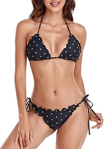 RELLECIGA Maillot de bain brésilien ondulé pour femme (petit, pois noirs)