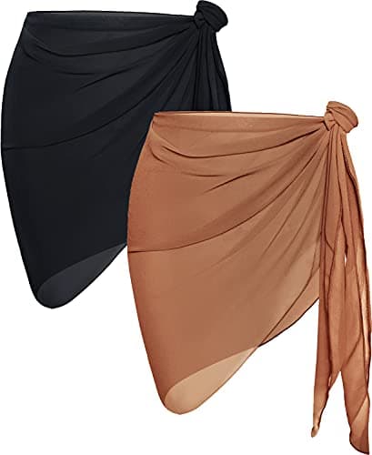 2 pièces femmes Bikini court Sarong couvertures plage pure mousseline de soie maillot de bain jupe portefeuille (noir et marron)