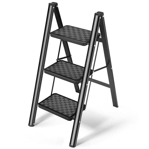 HBTower Escabeau pliant à 3 marches, escabeau d'une capacité de 330 lb pour adultes, escabeau de placard avec pédales larges antidérapantes, ménage...
