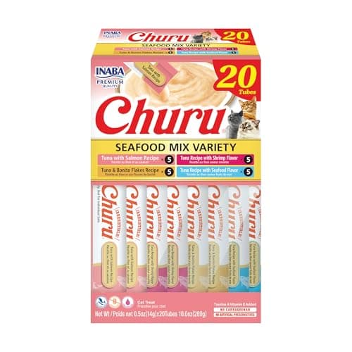 INABA Churu Cat Treats, Lickable, Squeezable Creamy Purée Cat Treat with Green Tea Extract & Taurine, 14 Grams Each Tube, 20 Tubes, Seafood Variety...
