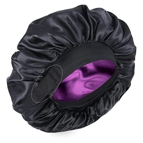 XRACEPHOL Bonnet en Soie pour Femmes endormies Bonnet en Satin Double Couche Bonnets réglables pour Femmes Noires Bonnet de Sommeil Bonnet de Cheveux réversible (Noir et Violet)