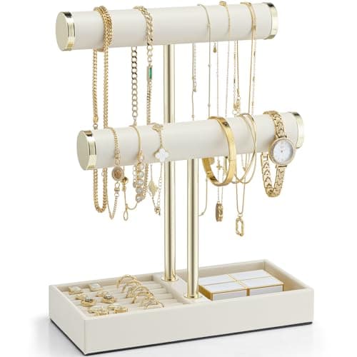 Vlando 2 Tier Bracelet Holder Display,Jewelry Stand Organizer with Ring Holder Tray,Jewelry Holder for Bracelet, Necklace, Watches, Rings,Beige
