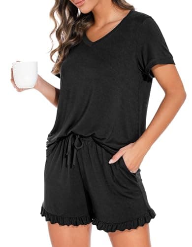 PrinStory Women's Pajamas Set Summer Short Sleeve V Neck Sleepwear and Ruffled Shorts Pjs Set with Pockets Black Large