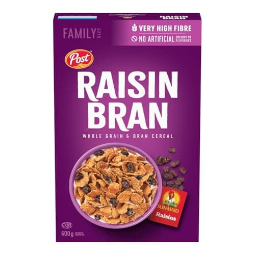 Céréales de petit-déjeuner Post Raisin Bran, très riches en fibres, faites à 100 % de raisins secs Sun-Maid, préparées au Canada, format familial 600 g