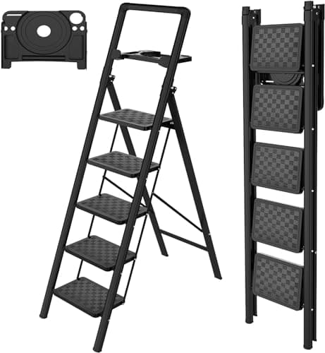 HBTower Step Ladder, 5 Step Ladder Folding Step Stool with Tool Platform,600 lbs Portable Sturdy Steel Ladder for Adults Home Outdoor Kitchen...