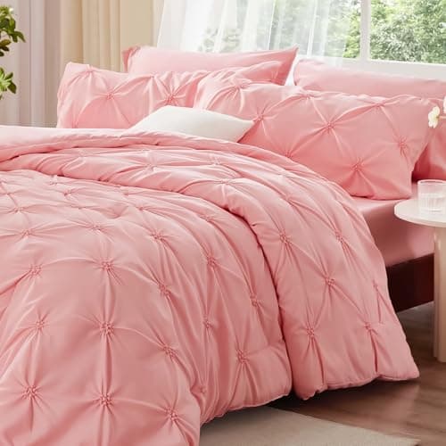 BEDELITE Queen Comforter Set Pink - 3 Pieces Boho Pintuck Bedding Sets, Queen Size Bed Set with 2 Pillow Shams for All Seasons, Room Decor...