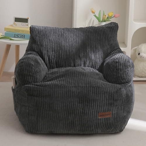 MAXYOYO Kids Bean Bag Chair, Stuffed Toddler Bean Bag Sofa with Armreast, Lazy Sofa with Pocket Floor Chair for for Boys and Girls, Dark Grey
