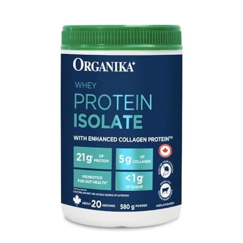 Poudre d'isolat de protéine de lactosérum Organika avec des peptides de collagène et des probiotiques ajoutés pour une digestion facile - 21 g de protéines, 5 g de fibres - Aide à construire...