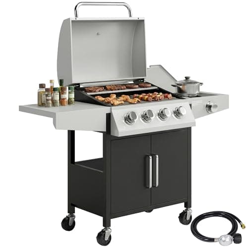 Outsunny 4+1 Burner Liquid Propane Gas Grill, 48,000 BTU Outdoor Portable BBQ Grill with Side Burner, Warming Rack, Side Shelf, Storage Cabinet,...