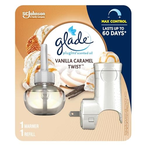 Glade PlugIns Kit de désodorisant, huiles parfumées et essentielles pour la maison et la salle de bain, vanille caramel twist, 1 réchaud et 1 recharge