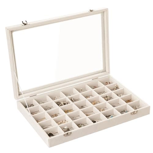 Frebeauty Plateau à bijoux en velours 35 grilles Organisateur de bijoux avec couvercle transparent Étui transparent pour organisateur de boucles d'oreilles avec fermoir Tiroir pour bagues...