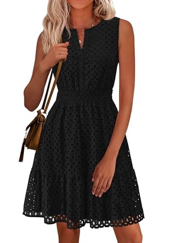 PRETTYGARDEN Women's Summer Dresses 2026 Sleeveless V Neck Eyelet Hollow Out Swing A Line Beach Vacation Sun Dress (Black,Large)