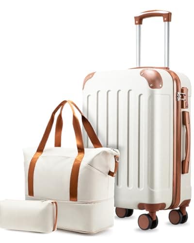 YOETEY Ensemble de bagages à main 3 pièces, valise rigide légère et durable pour voyager avec roulettes et serrure TSA, blanc marron