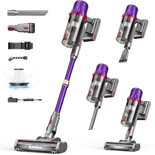 Aspirateur sans fil pour la maison - Aspirateur-balai puissant avec filtre HEPA, autonomie de 55 minutes, lumière LED, brosse anti-emmêlement, amovible...