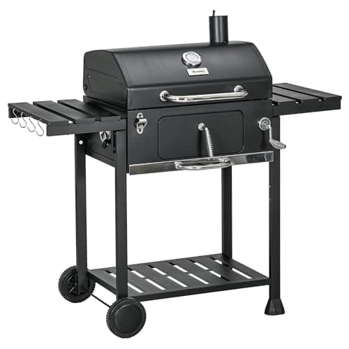 Outsunny Charcoal BBQ Grill Trolley with Adjustable Charcoal Pan, Barbecue Grill Smoker with Storage Shelves, Lid, Thermometer, Bottle Opener and...