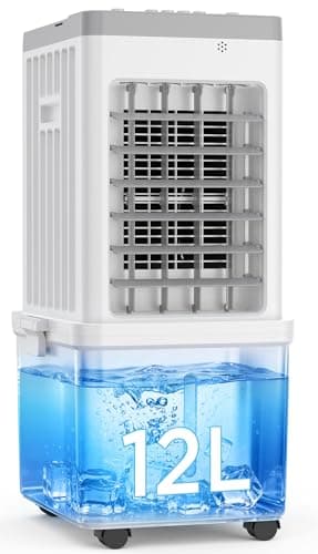 Climatiseur portable, ventilateur refroidisseur d'air par évaporation 3 en 1, conception peu encombrante de 70 W, réservoir d'eau de 12 L, 3 blocs de glace, 3 vitesses, oscillation de 120°, 46 dB...