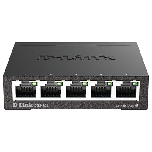 D-Link DGS-105, 5 Port Gigabit Ethernet Switch Unmanaged, Network Splitter, Silent Fanless, Network Hub, Sturdy Metal with Shielded Ports,...