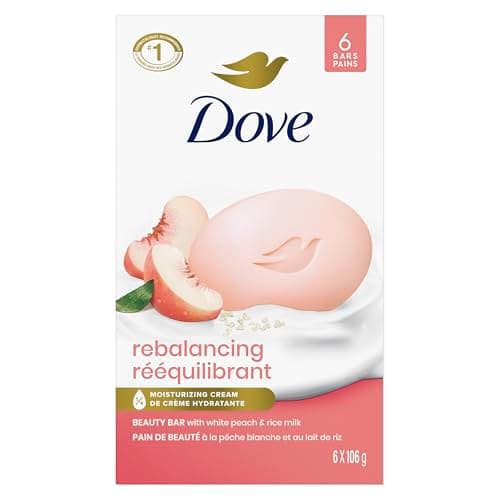 Pain de savon Dove Beauty pour une peau nourrie et hydratée, rééquilibrant au lait de pêche blanche et de riz, avec ¼ de crème hydratante formule à base de plantes,...