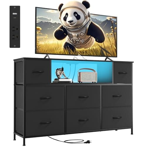 Commode noire Somdot avec prises de courant et lumières LED, meuble TV à 8 tiroirs pour téléviseur jusqu'à 55 pouces, commode en tissu pour salon de chambre...