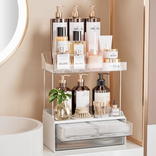 Delamu 2-Tier 2-Drawer Bathroom Organizer Countertop, Multi-Purpose Makeup Organizer Countertop, Large Skincare Organizers, Exquisite Vanity...