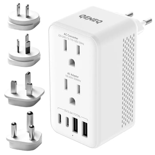 Convertisseur de tension QENEQ 220 V à 110 V Adaptateur de voyage Canada vers Europe avec adaptateur de prise international UK/AU/US/EU/Afrique du Sud 2 USB-A et 2 USB-C...