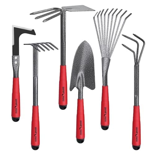 FLORA GUARD Ensembles d'outils de jardin 6 pièces - comprenant une truelle, un râteau à 5 dents, un râteau à feuilles à 9 dents, une houe double à 3 dents, Cultivato...