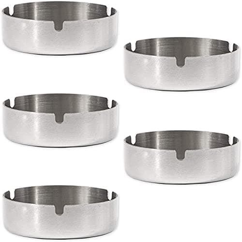 Pack of 5 Round Stainless Steel Metal Cigar Outdoor Ashtray for Cigarettes, Silver Designated Ashtray for Home Patio, Park or Public Area, Garden...