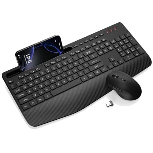 Wireless Keyboard and Mouse Combo - Full-Sized Ergonomic Keyboard with Wrist Rest, Phone Holder, Silent 2.4GHz Cordless Keyboard Mouse for...
