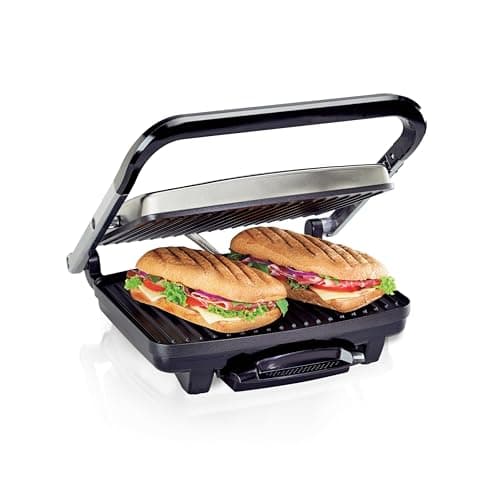 Hamilton Beach Presse à panini, machine à sandwich et grill électrique d'intérieur, rangement vertical, grilles antiadhésives faciles à nettoyer, acier inoxydable (25410C)
